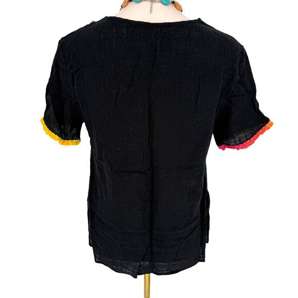 Entro Short Sleeve Top MEDIUM Fringe Trim Black Cotton V-Neck Boho Aztec Rainbow - Picture 12 of 14